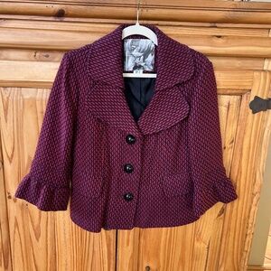 Mac & Jac Blazer‎ Red Black Purple Tweed Short Button Up 3/4 Sleeves Wmn Large